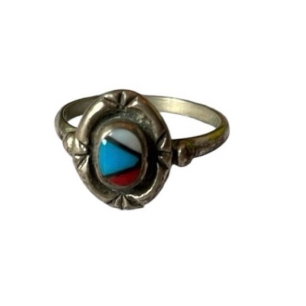 Vintage Silver Ring with‎ Red and Blue Inlay